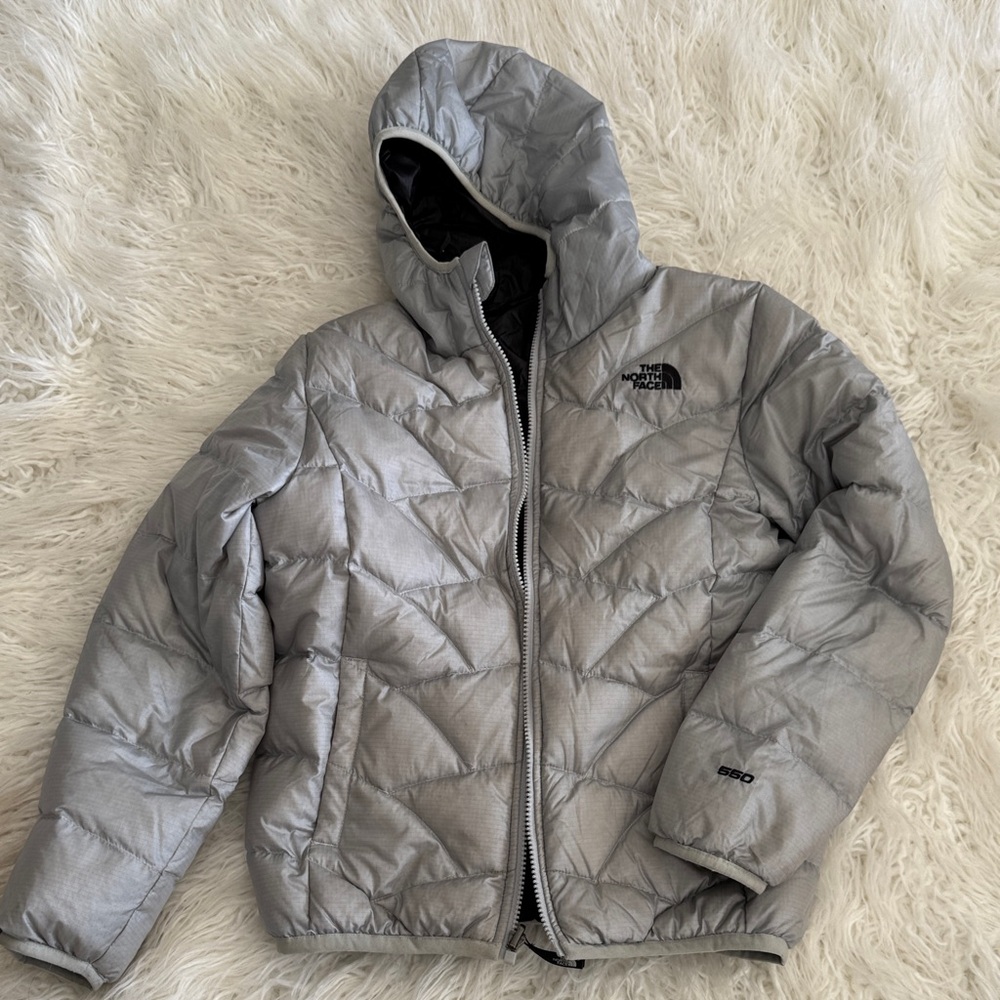 The North Face double sided Metallic Gray and black Hooded Jacket